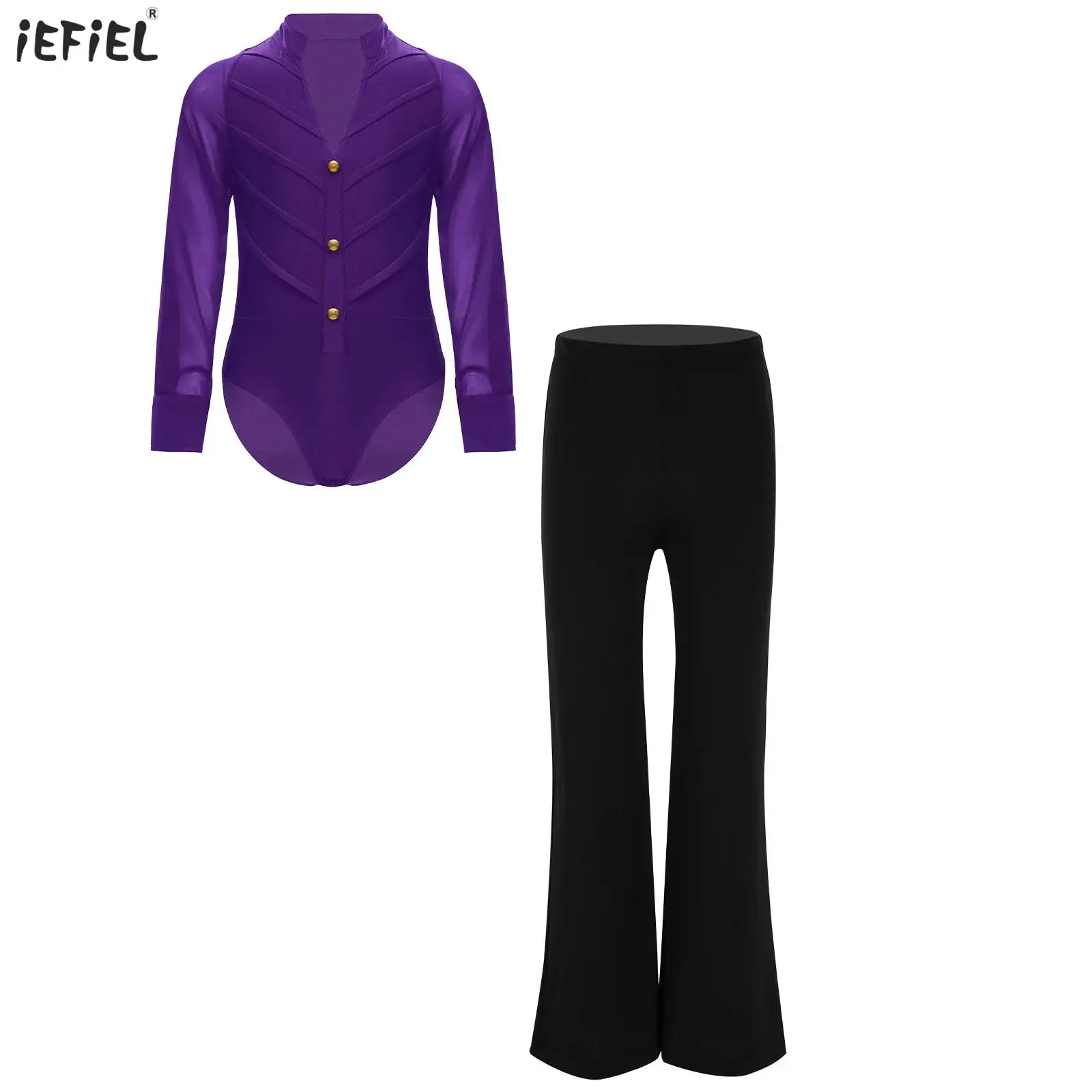 

2Pcs Kids Boys Latin Dance Leotard Outfit Stand Collar Long Sleeve Bodysuit+Pants for Ballroom Party Stage Performance Costume
