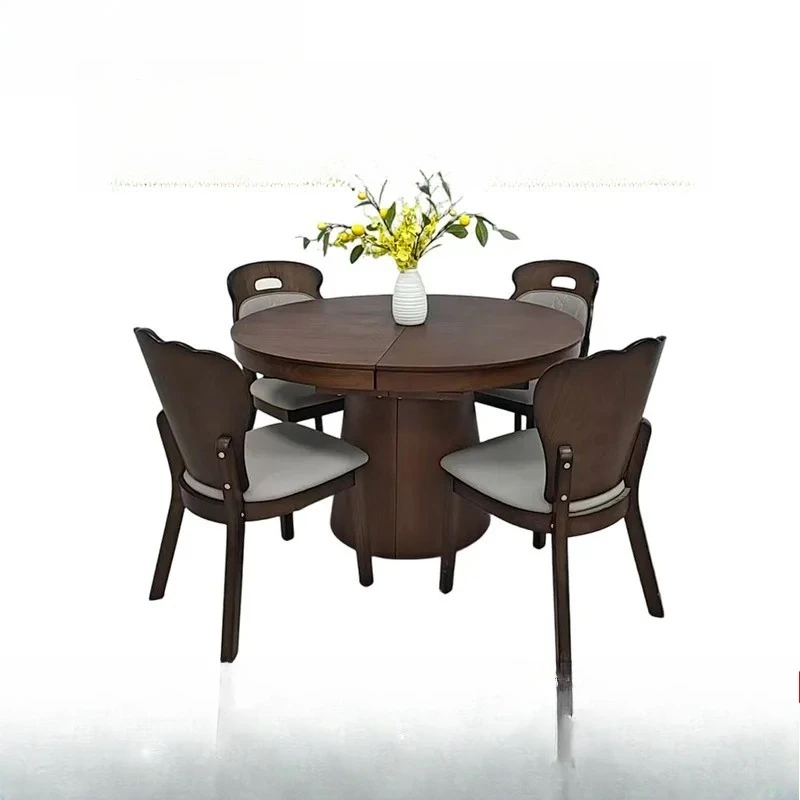 Round Dining Table Set with Chairs Extendable MDF Kitchen Table for Small Apartment Space Saving Modern Home Furniture