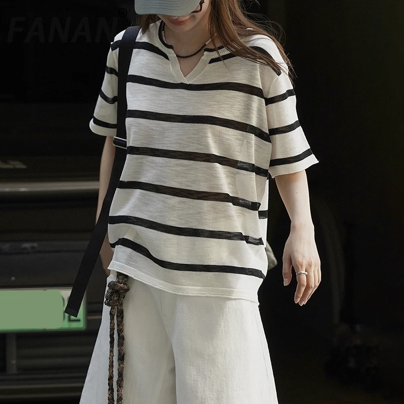 

FANAN Striped Contrast Color Knitting T-shirt Women's Round Neck Short Sleeve Casual Loose Pullover Tops Female 2025 Autumn New