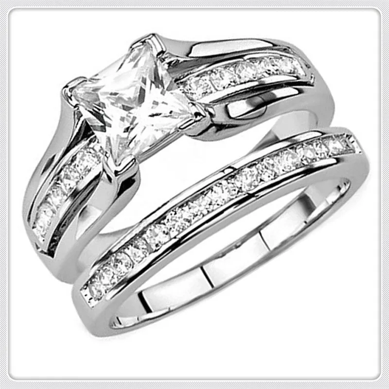 Women's Fashion Silver White Zircon Princess Cut Engagement Ring Set Size 6-10