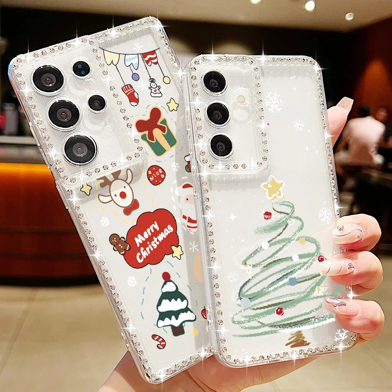 Christmas Pattern Diamond Case For Samsung Galaxy A56 A55 A54 5G A36 A35 A26 A16 A15 S21 FE S22 S23 S24 S25 Ultra S25 Edge Capa