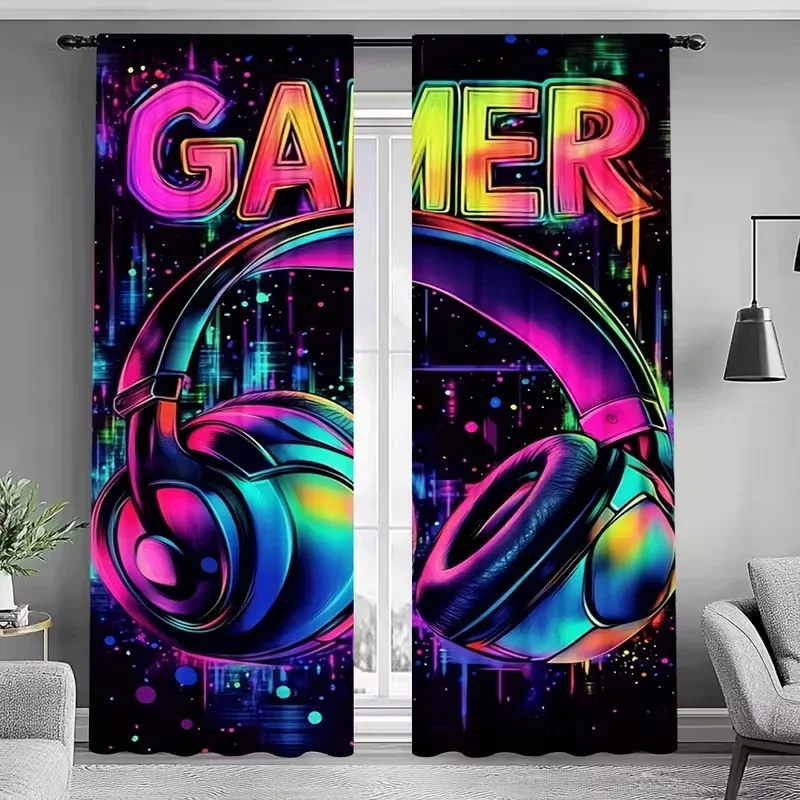 Vibrant Gamer Headphone Curtain Digital Art Room Decor Streaming Gaming Background Curtain Panel