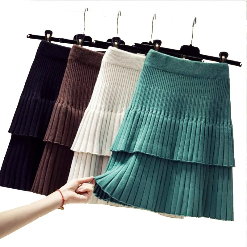 Spring Autumn Fashion Korean Style Knitted Skirt Women Elastic Waistline High Waist Stitching Cake Pleated Skirt