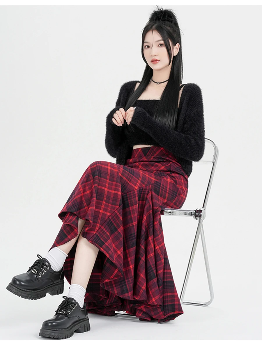 

RORORIRI Red Plaid Fishtail Maxi Long Skirt Women Flowy Ruffle Spliced High Waist Mermaid Skirt Retro Autumn Festival Bottoms