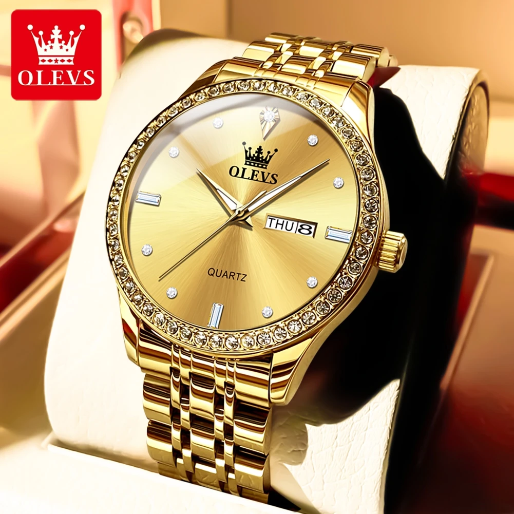 OLEVS Luxury Brand Watch Men Full Diamond Bezel Solid Stainless steel Butterfly Buckle Strap Elegant Quartz Men's Watches NEW