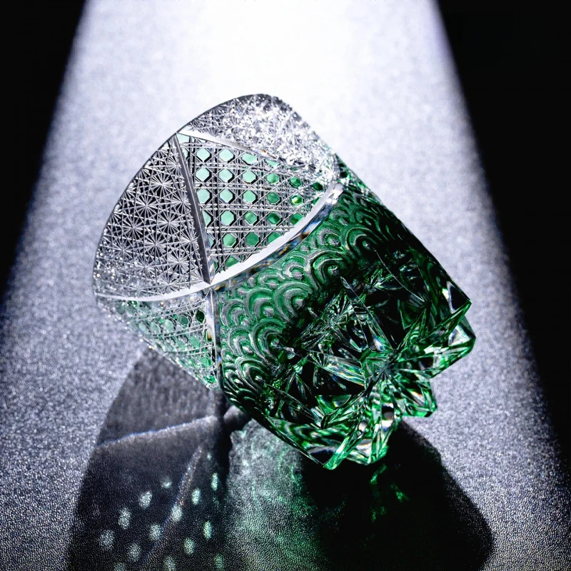 320ml High End Green Crystal Whiskey Glass Japanese Edo Kiriko Hand Carved Sea Wave Pattern Luxury Artwork For Home Barware