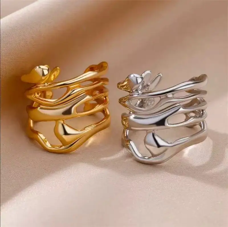 Fashionable Retro Gold Hollowed Out Wide Water Droplet Ring For Women And Men, Party Finger Jewelry Gift