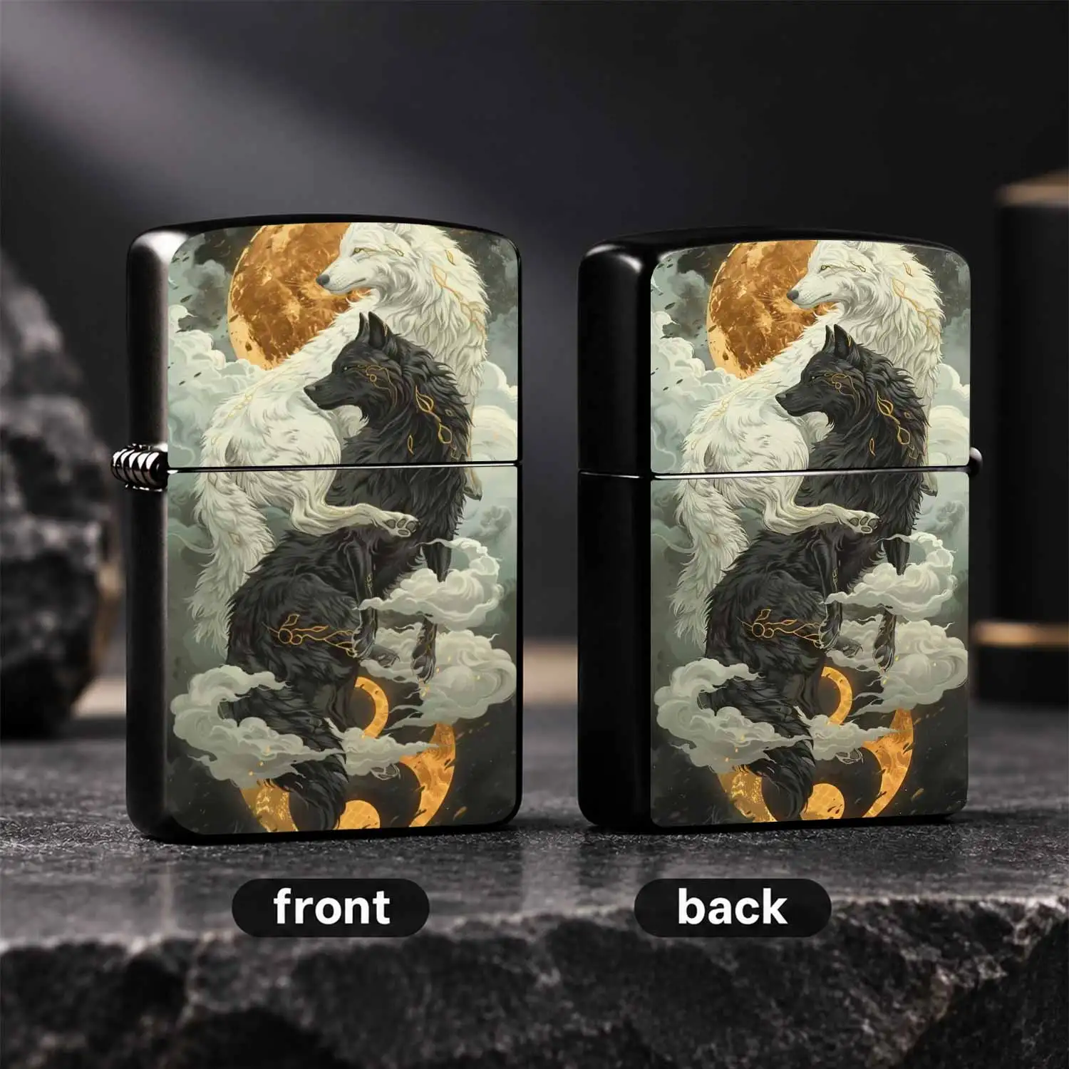 Creative Lighter Mystic Black White Wolf Design Golden Inlay Cloud Full Moon Themed Ornate Art Piece Portable Stylish Accessory Ideal For Gifting Daily Multi Scene Use Unique Decorative Present For Fantasy Art Lovers A Humorous And Interest