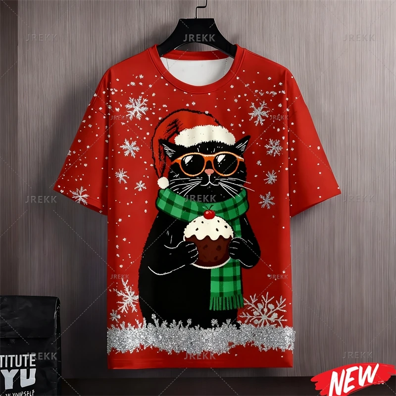 Cartoon Merry Christmas T Shirt For Men Red Cute 3d Printing Black Cats T-shirt Round Neck Short Sleeve Women Loose Tee Shirts
