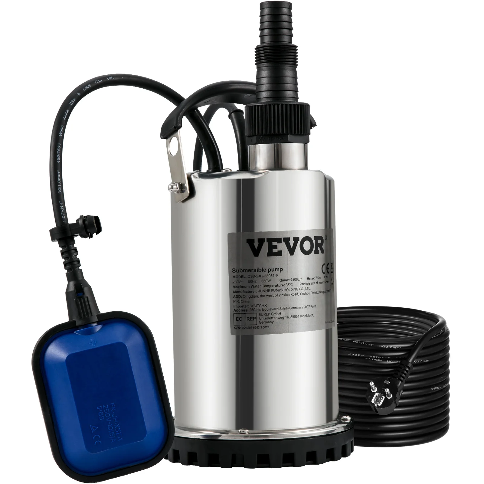 VEVOR Sewage Pump Submersible Sump Pump Clean Water Pump 550W - 2200W for Pumping Water from Swimming Pools, Basements, Hot Tubs