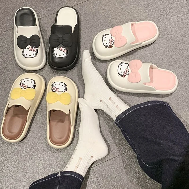 

Sanrio Hello Kittye женские тапочки с бантом, новые летние милые универсальные тапочки с мягкой подошвой Baotou с героями мультфильмов, праздничные подарки