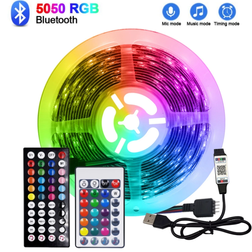 

5M 10M USB RGB LED Strip Ribbon TV Backlight 5V Bluetooth Voice Control Lamp Tape Desktop Diode 3M Self-adhesive 5050 30LEDs/M