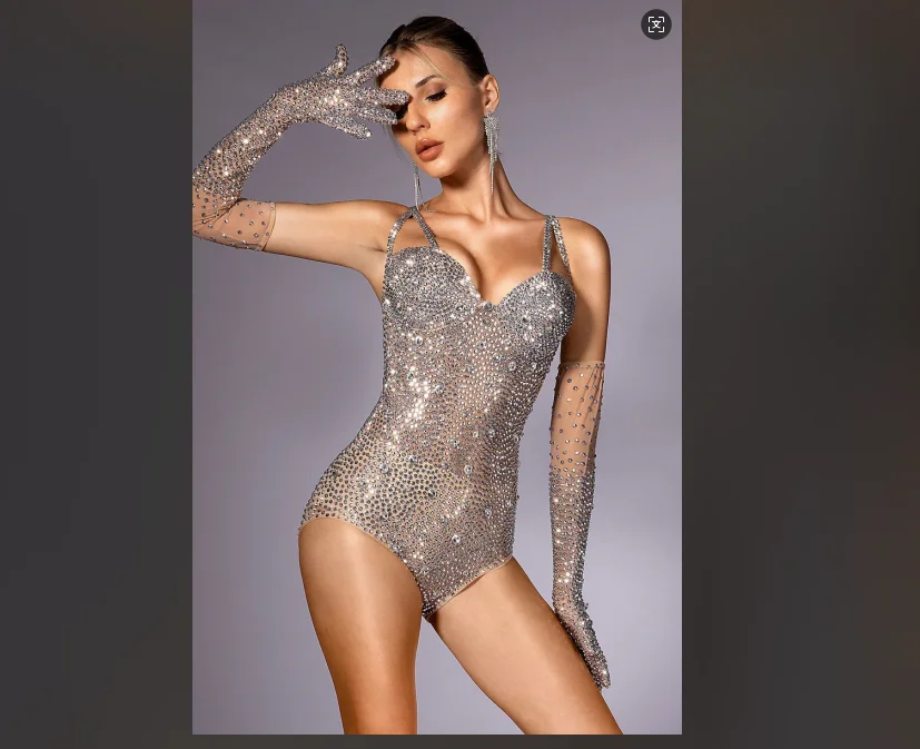Clementine malha strass macacão com luvas feminino cantor evento concerto roupa