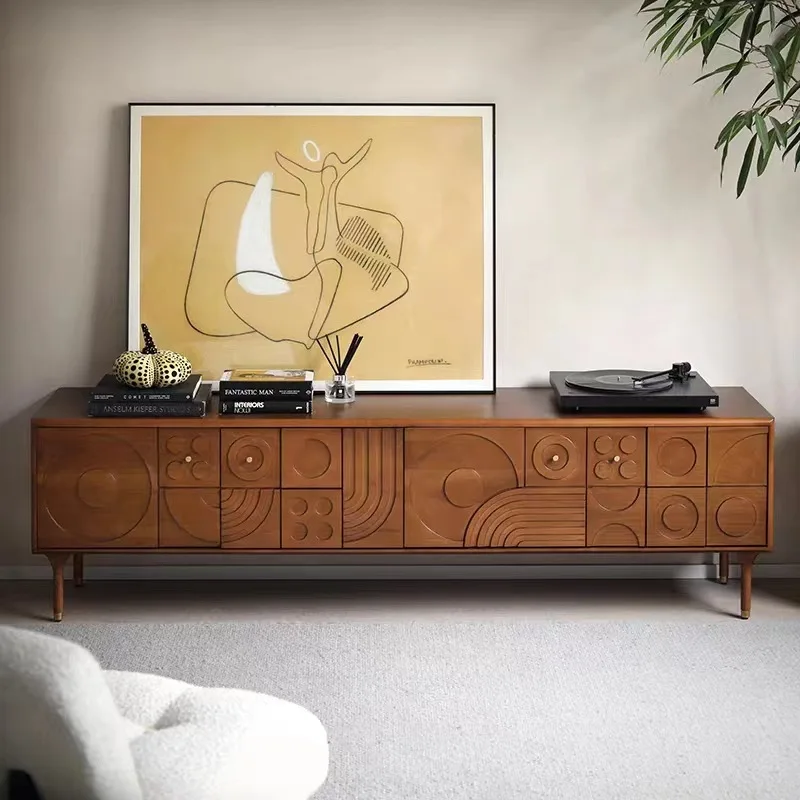 Mueble de TV nórdico de madera maciza, estilo retro de mediados de siglo, moderno, tallado en madera maciza, mueble para cine y televisión, audiovisual.