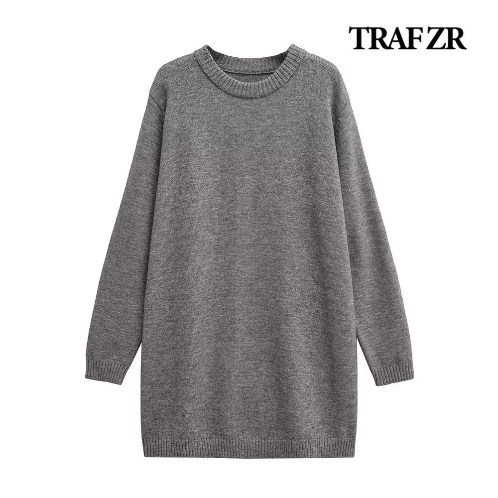 TRAF ZR Elegant Women Sweater Dresses Normcore O-neck Sexy Mini Dress Aesthetic Holiday Vintage Short Soft Knit Dress Rib Trim