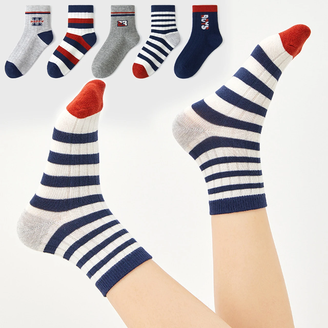 5Pairs Cartoon Children Cotton Sock Spring Autumn Sport Cotton Sock 0-6year Boy Baby Footwear Fashion Stripe Kids Mid Tube Socks