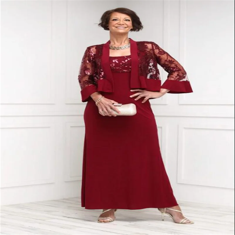 

Dark Red Elegant And Pretty Women's Mother Of The Bride Wedding Party Dresses 2 Pcs Woman Gowns With Lace Jacket Plus Size