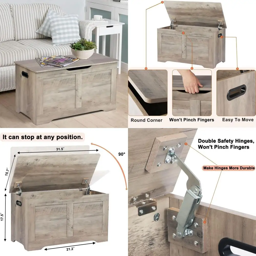 

Серая деревянная скамья для хранения вещей с 2 предохранительными петлями, большой комод для игрушек для гостиной и спальни, хранилище для обуви в прихожей 31,5