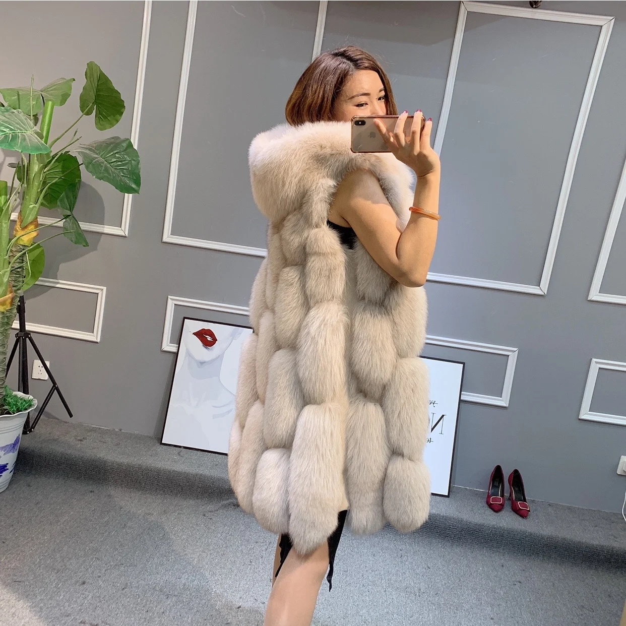 Real Fur Coat for Women Winter Jacket Long Natural Fox Fur Vest Real Sheepskin Leather Hood Thick Warm Overcoat Black New