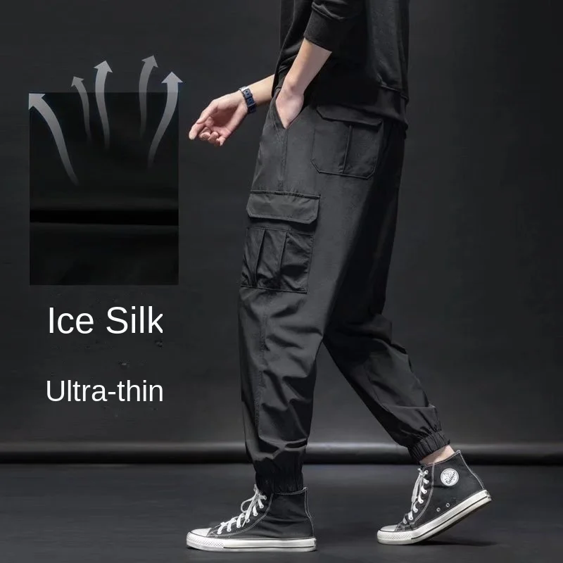 

Black overalls men's spring and summer new elastic waist loose fashion brand multi-pocket ice silk bunched feet casual pants