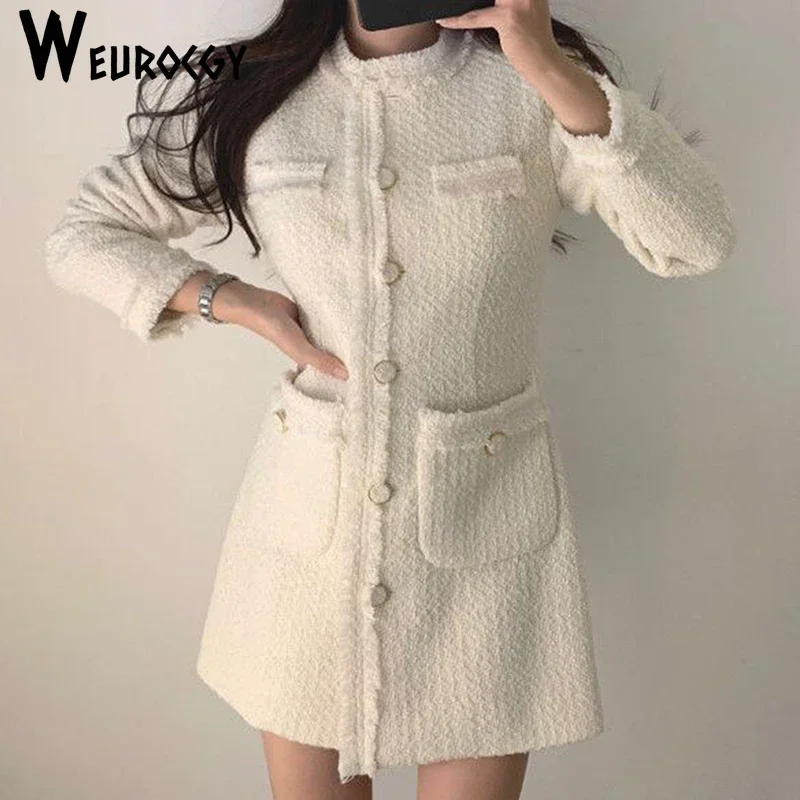 2022 Spring Autumn New Style Female Retro French Style Elegant Round Neck Single-Breasted Waist Pocket Long-Sleeved Tweed Dress