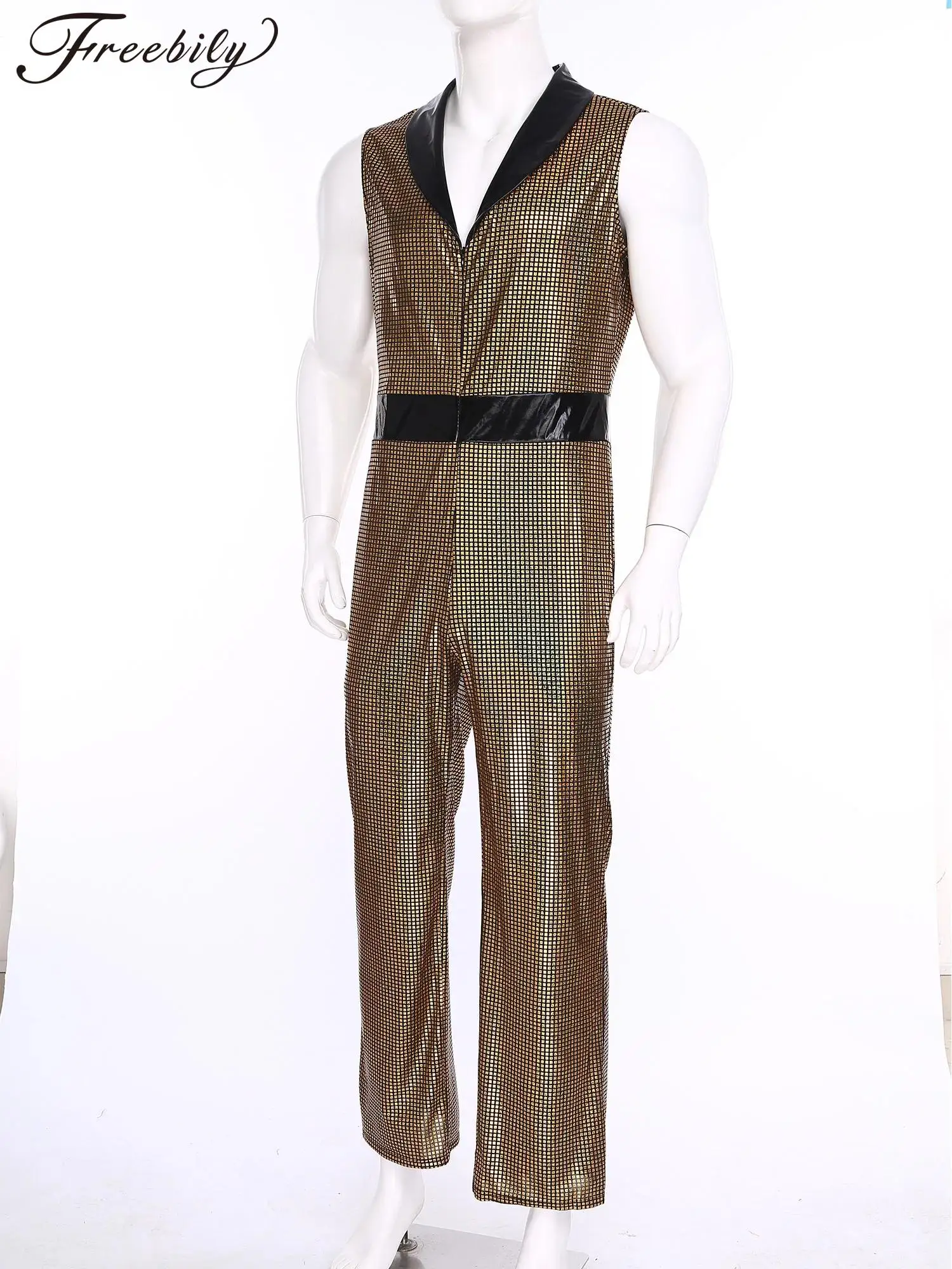 

Mens Metallic Dance Shiny Romper Music Festival Stage Party Wear Clubwear Lapel Jumpsuit Retro 1920s Disco Outfit Hippie Costume