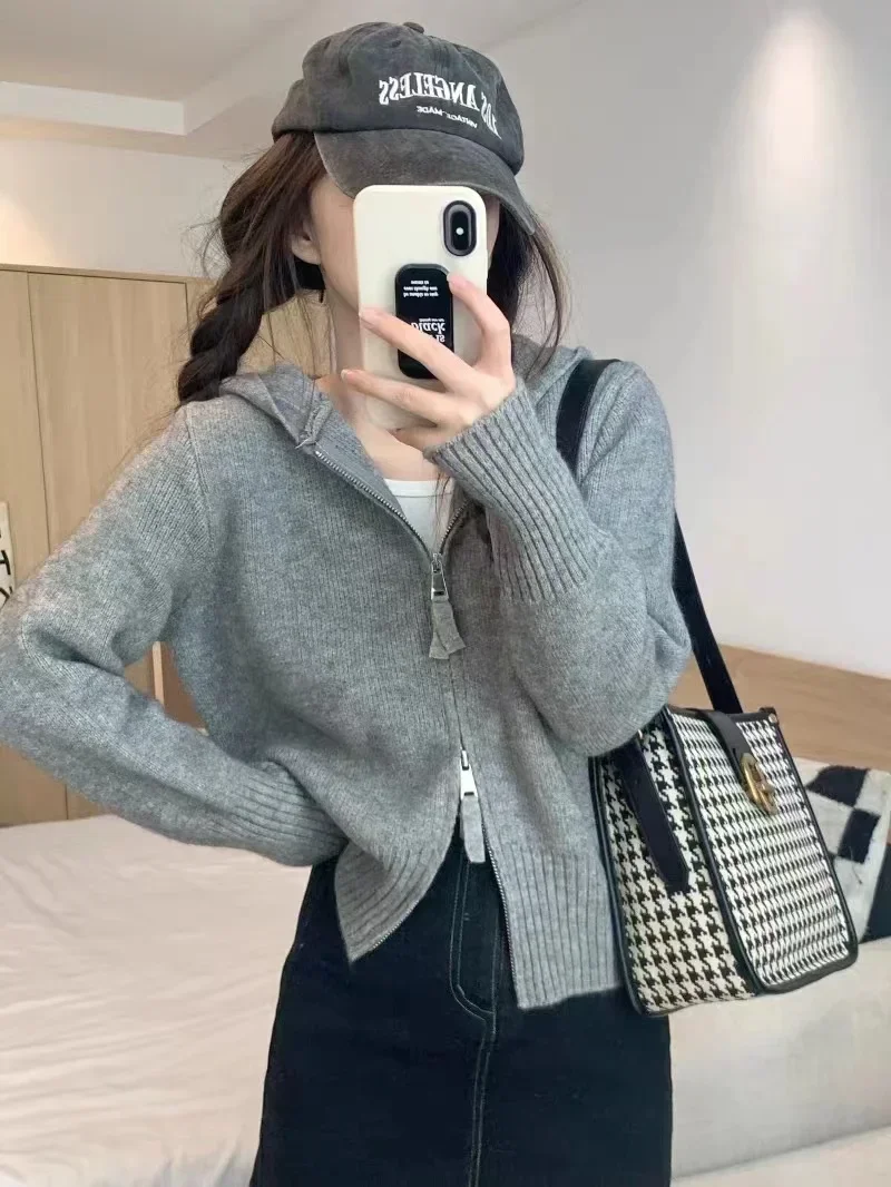 

Women's Hooded Cardigan Double Zipper Pure Wool Cashmere Sweater Loose Short Coat Fit Knitwear for Casual Wear