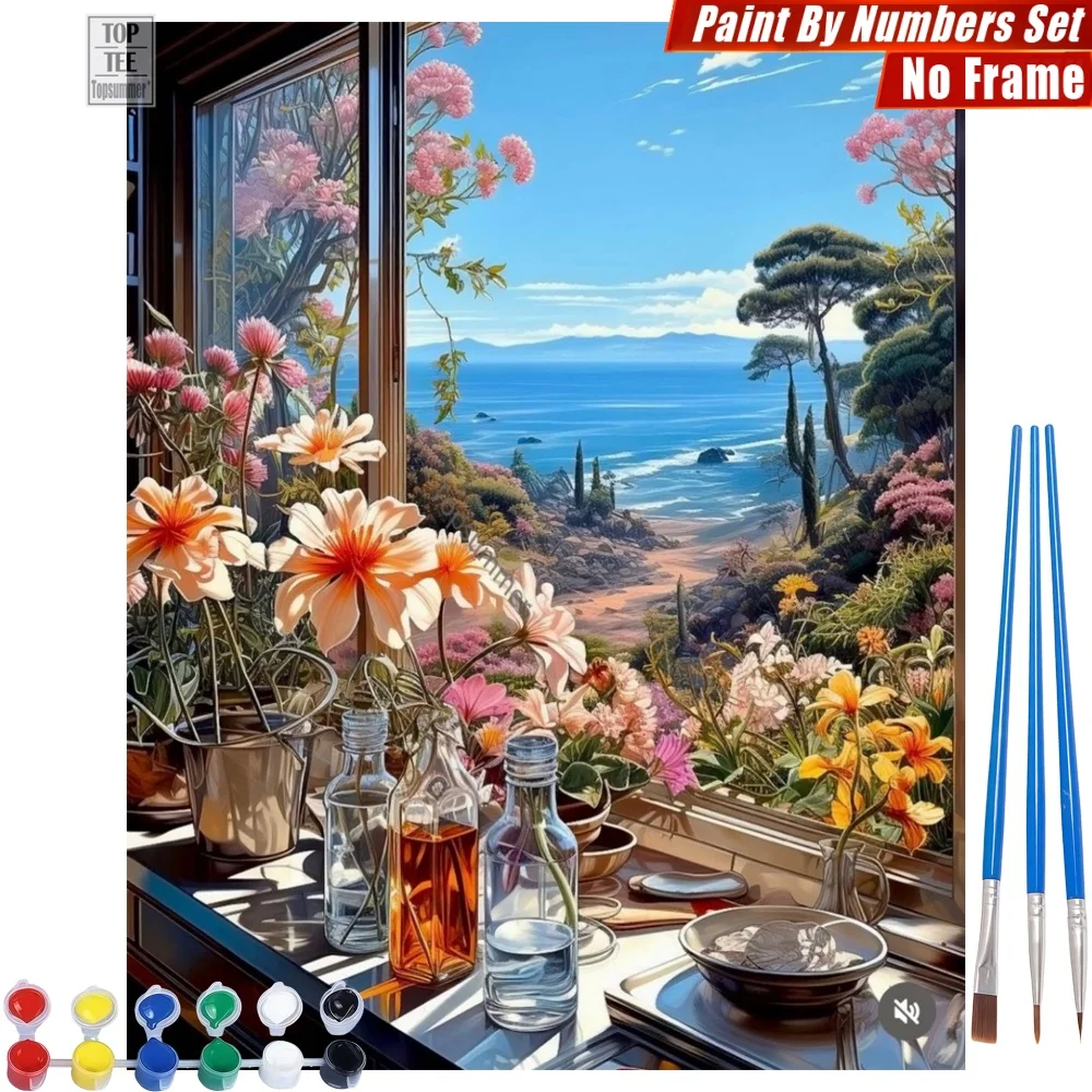 

Indoor windowsill view Paint By Number Set - Glass bottles dishes Home Activities Easter Gift For Grandma