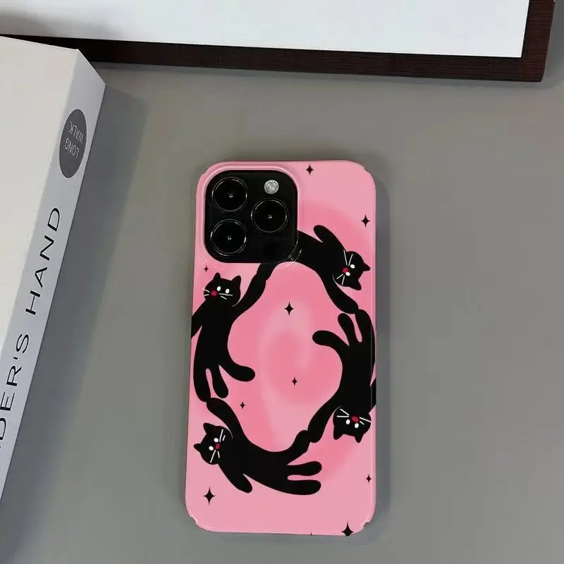 Korean INS Cartoon Dancing Cat Pink Background Phone Case for iPhone 16 15 14 13 Pro Max 12 Mini 11 Pro Plus Shockproof Cover