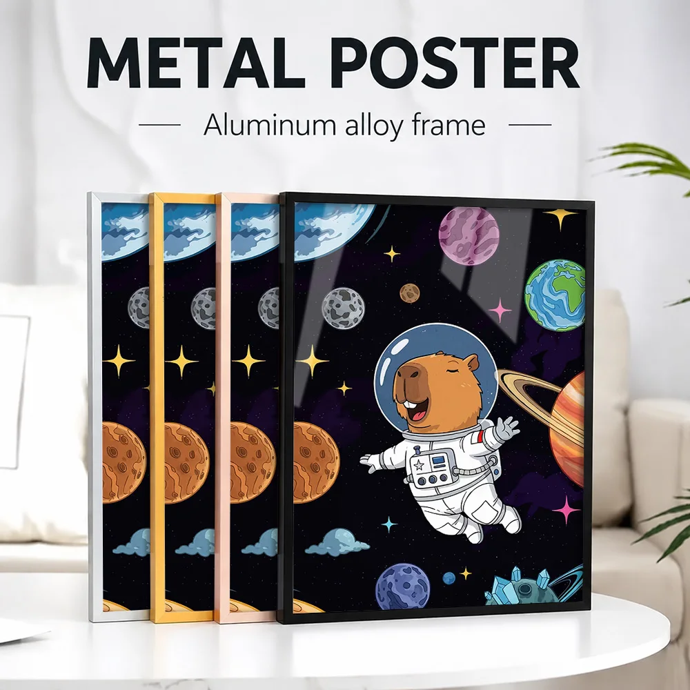 Capybara Astronaut Space Framed Metal Poster Personalized Photo Modern Sci Fi Style Wall Art For Media Room Astronomy Fan Gift