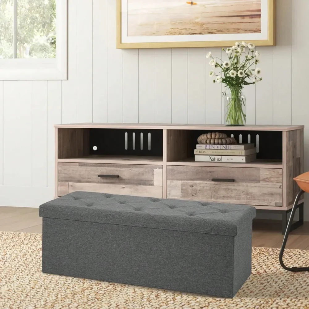 2 Sizes Foldable Storage Ottoman, Storage Chest For Bedroom End Of Bed, Large Ottoman Bench Foot Rest Stool With Padded Seat Fo