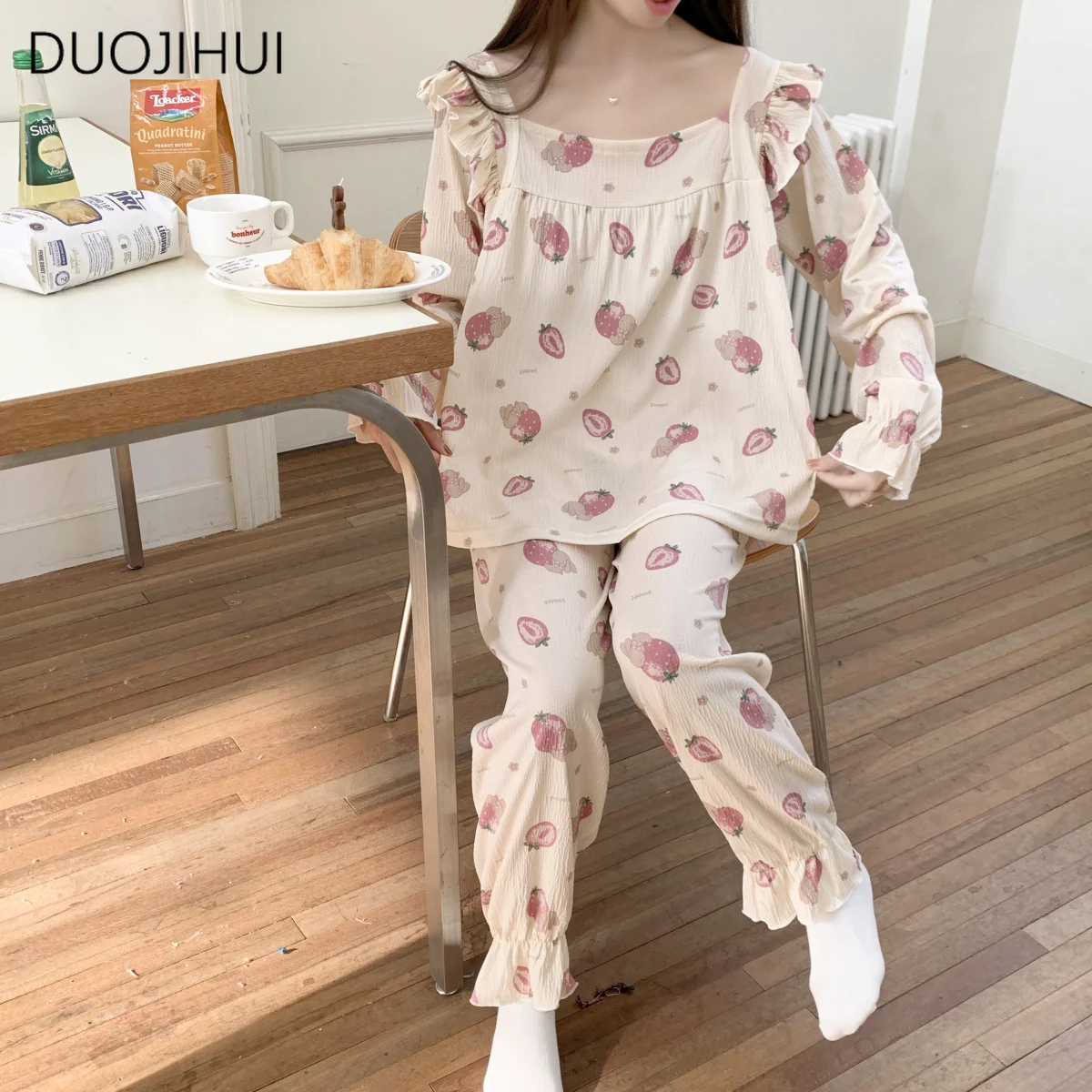 DUOJIHUI Spring Two Piece Chicly Printed Female Pajamas Set New Fashion Pullover Simple Pant Sweet Casual Home Pajamas for Women