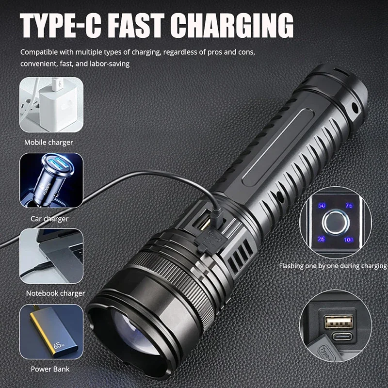 250000000LM White Laser Built-in Battery Flash Light Emergency Spotlights 10km Most Powerful Led Flashlights Tactical 15000mah