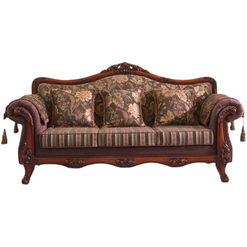 

European retro sofa small apartment living room carved solid wood removable and washable hotel villa complete fabric sofa