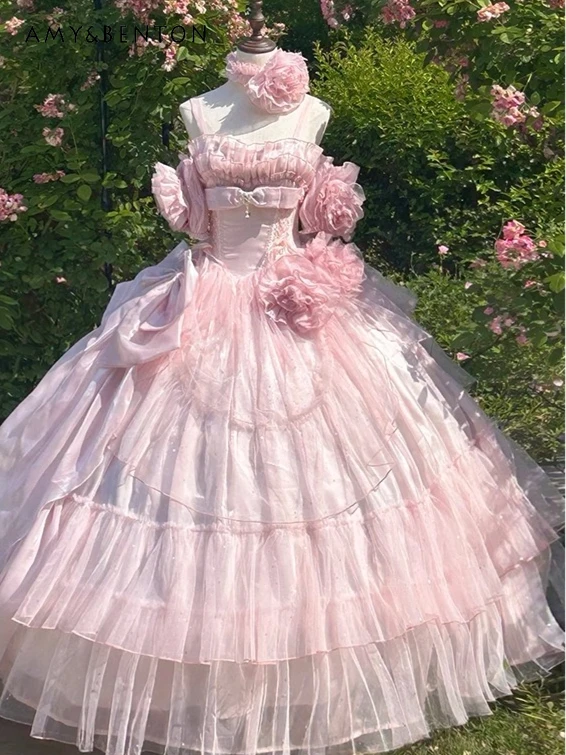 Sukienki wieczorowe w stylu Lolita Fairy, słodka różowa kokarda, trójwymiarowe plisowane kwiaty, sukienka księżniczki z odkrytymi ramionami i wysokim stanem.