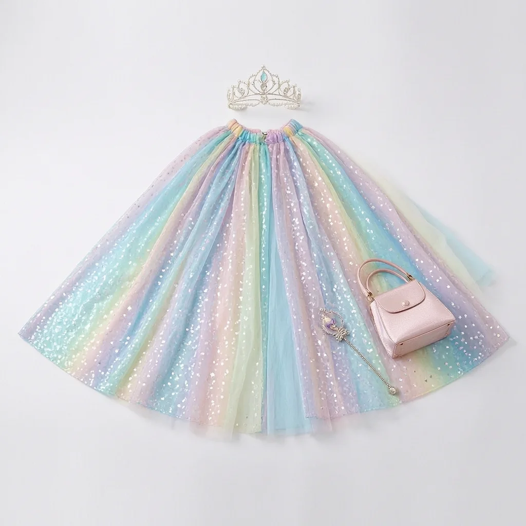 Mask Cloak Mesh Sequin Shawl Fairy Gauze Cape Princess Crown Handbag Set Birthday Party Queen Cosplay Costume Magic Wand