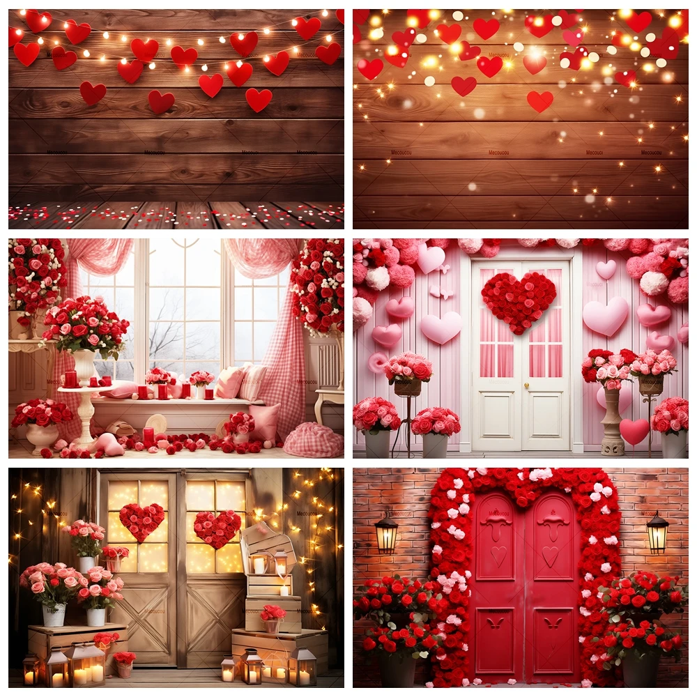 

Valentine's Day Backdrop for Photography Romantic Red Rose Love Heart Wood Floor Flower Wedding Background Photo Studio Custom