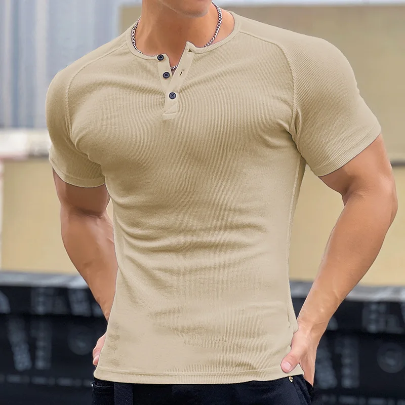 

American Round Neck Tight Muscle Men's Short Sleeve Ribbed Fitness Training Casual T-shirt Stretch Slim Cardigan