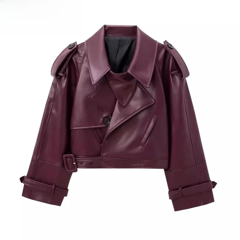 Fashionable Short Leather Jacket 2024 Autumn New Arrival Women's Street Style Asymmetric Shoulder Biker Coat Zipper Closure