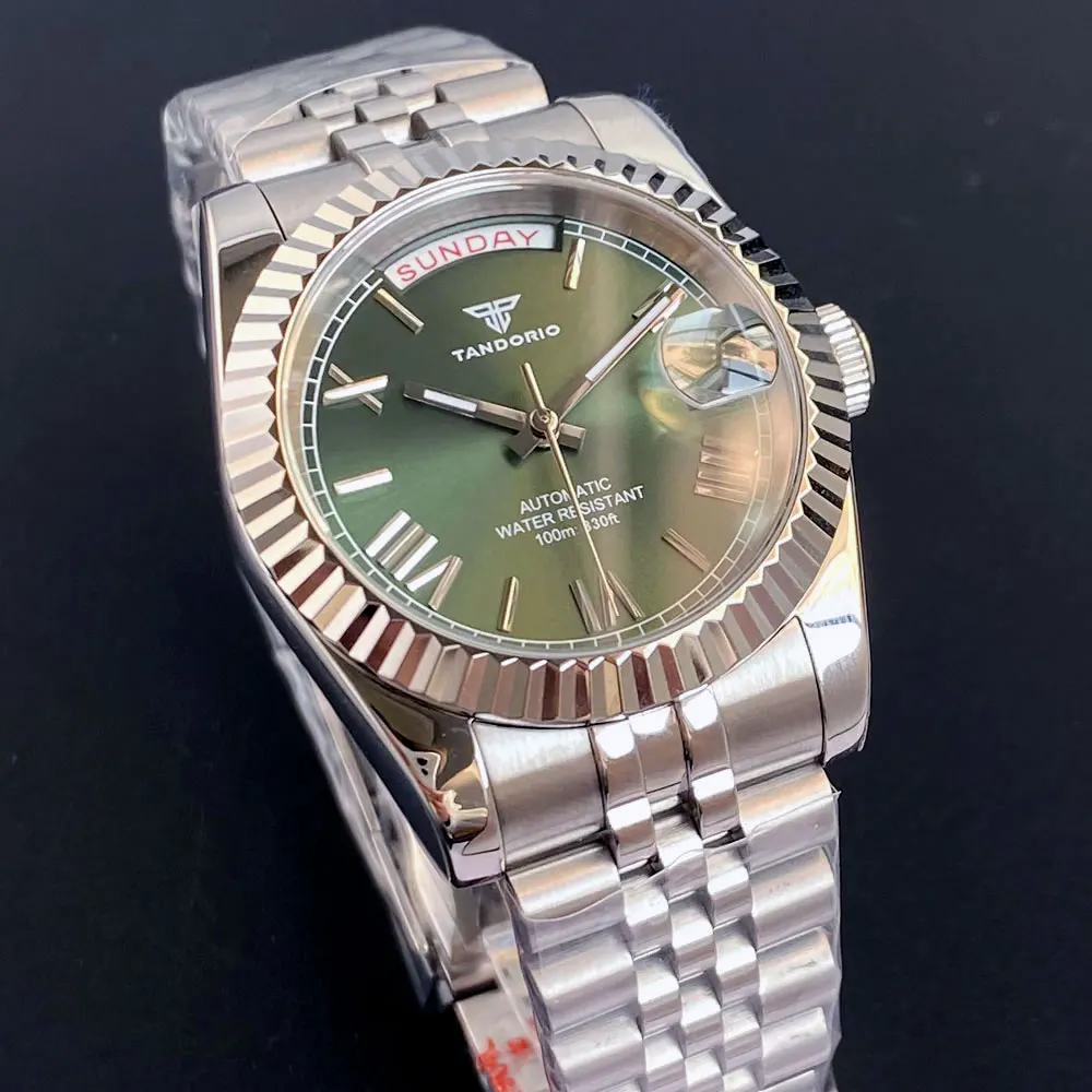 مخصص جديد كلاسيكي يوم تاريخ الزيتون الأخضر الهاتفي الياقوت الزجاج 200 متر مقاوم للماء اليابان NH36A ساعات آلية أوتوماتيكية للرجال