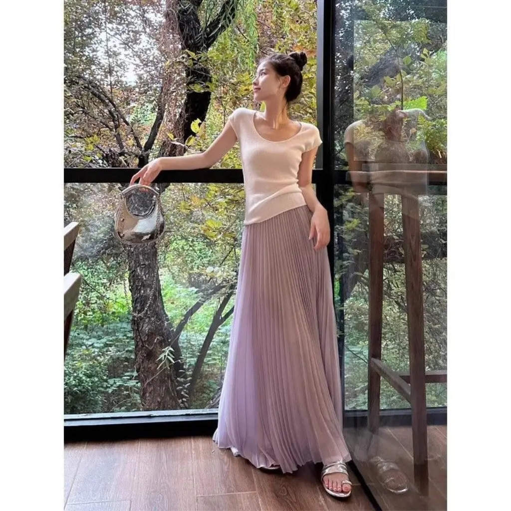

Elegant High Waist Organ Pleated Skirt for Women Spring Summer Purple Super Long Draped Streamline A-Line Skirt
