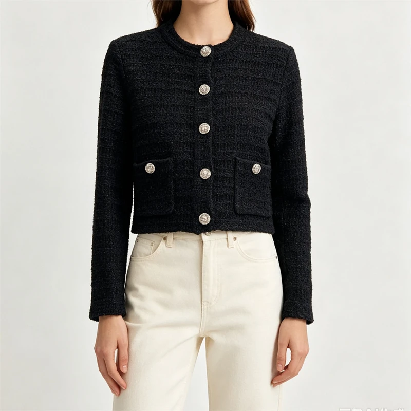 Women Elegant Autumn Tweed Knit Cardigan Gold Thread Crew Neck Long Sleeve Cropped Sweater Jacket, Casual Chic Fashion Outerwear
