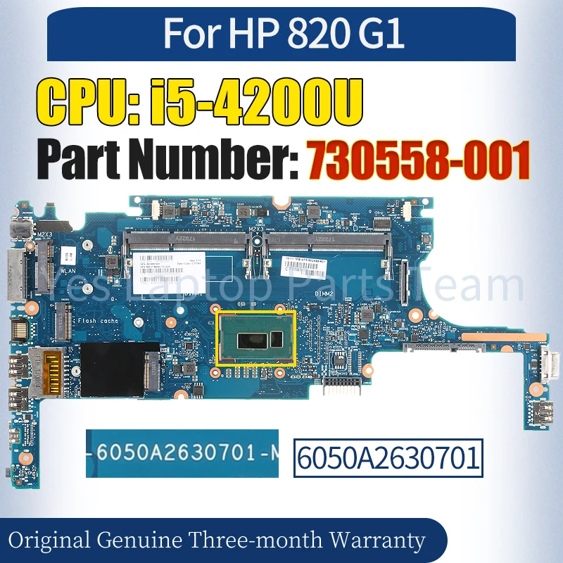 6050A2630701 For HP 820 G1 Laptop Mainboard 730558-001 SR170 i5-4200U 100％ Tested Notebook Motherboard