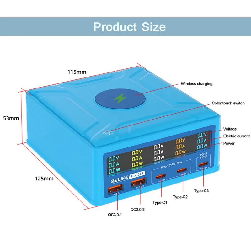 RELIFE-Ferramenta de Carregamento Rápido Eficiente Multidispositivo, RL-304R, 5 + 1, 260W, Alta Potência, GaN Carregador para Pad de Telefone, Computador, Inteligente