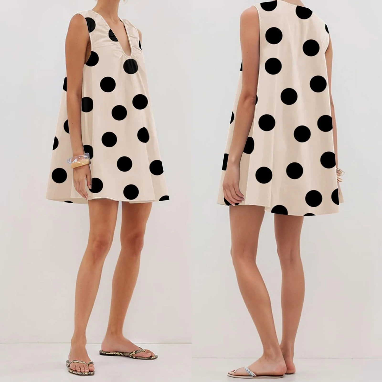 Combhasaki feminino verão casual solto ajuste elegante bolinhas impressão plissado decote em v sem mangas a linha curto mini babydoll tanque vestido