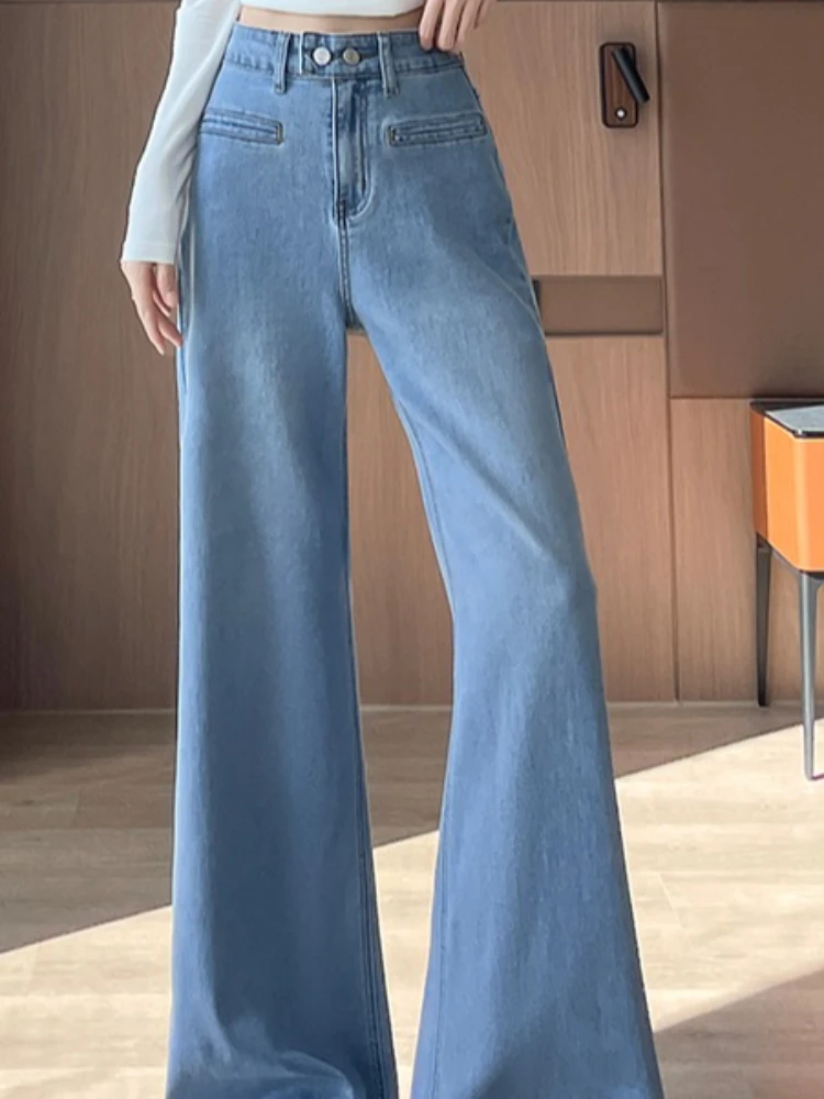 جينز واسع الساق مرن عالي الخصر بلون فاتح للنساء للخريف والشتاء وسراويل أرضية سميكة مستقيمة الساق