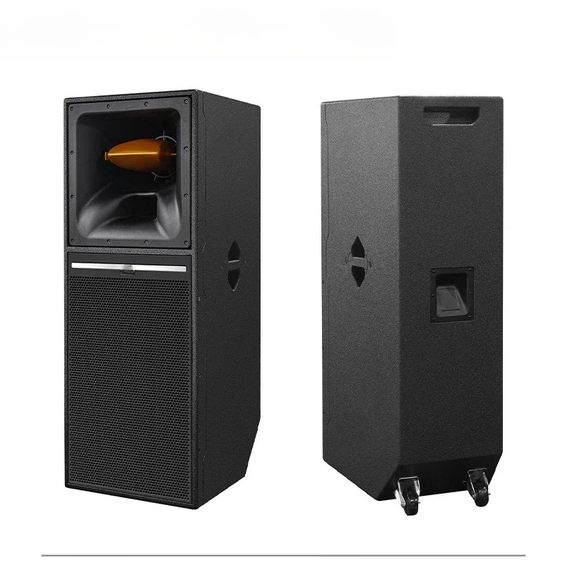 Audio set: stage audio with dual 15-inch birch wood cabinets, horn and three-way frequencies, bass, mid, and treble