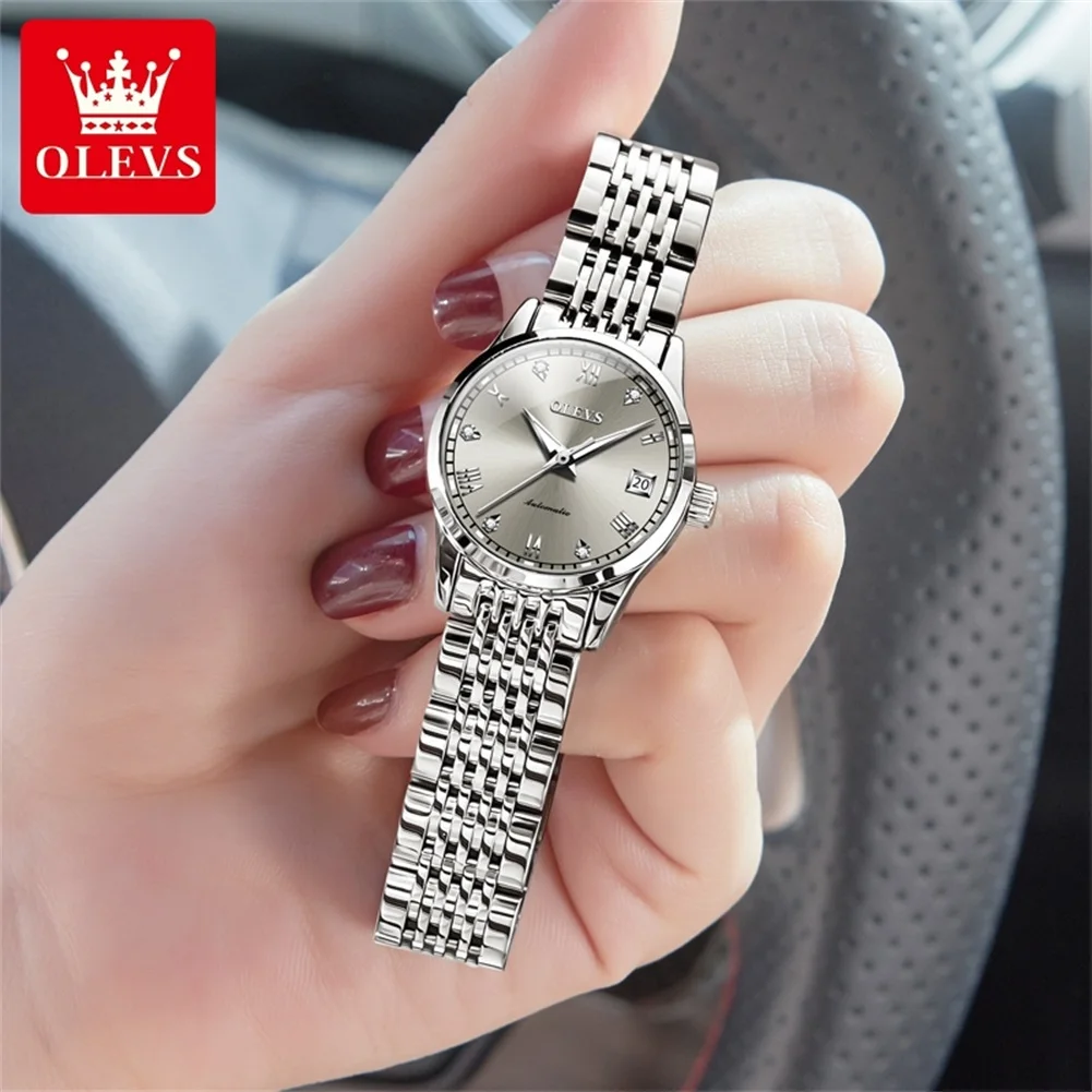 OLEVS-Montre mécanique décontractée pour femme, étanche, acier inoxydable, gris, automatique, 600