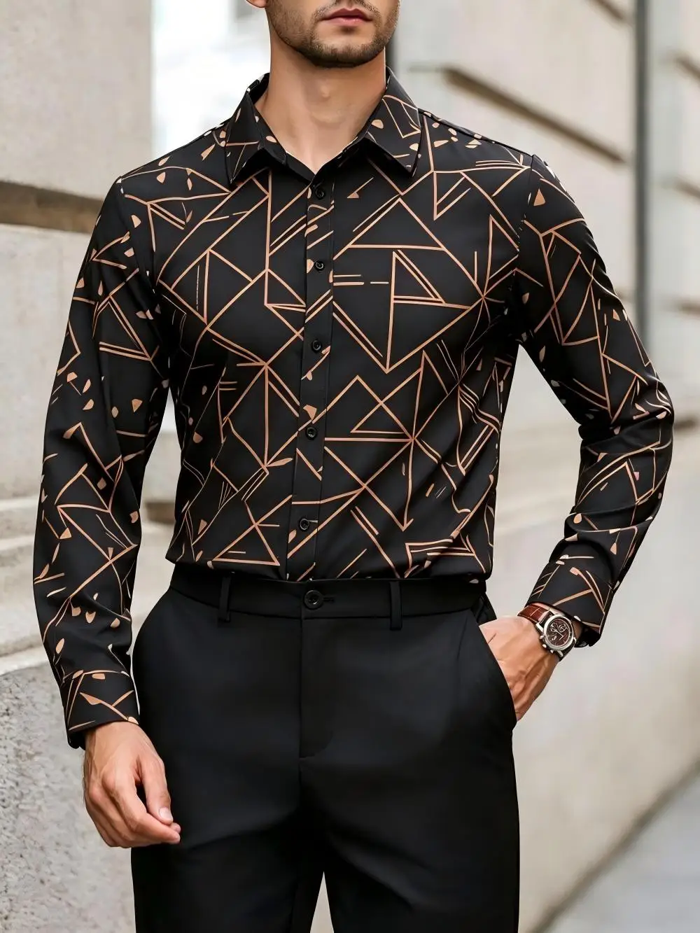 Men's geometric pattern printed shirt, business style, light luxury, classic collar slim fit, fashionable urban style