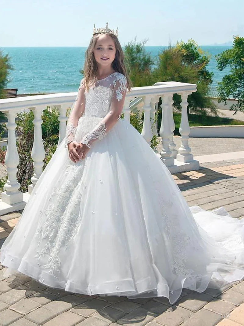 Beaded Lace Flower Girl Dresses Long Sleeve Jewel Neck Princess Pageant Dress Court Train Birthday Party Gowns